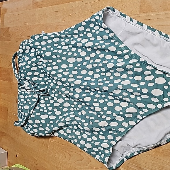 Kona Sol Teal and White Polka Dot One Piece Swimsuit - Picture 4 of 6